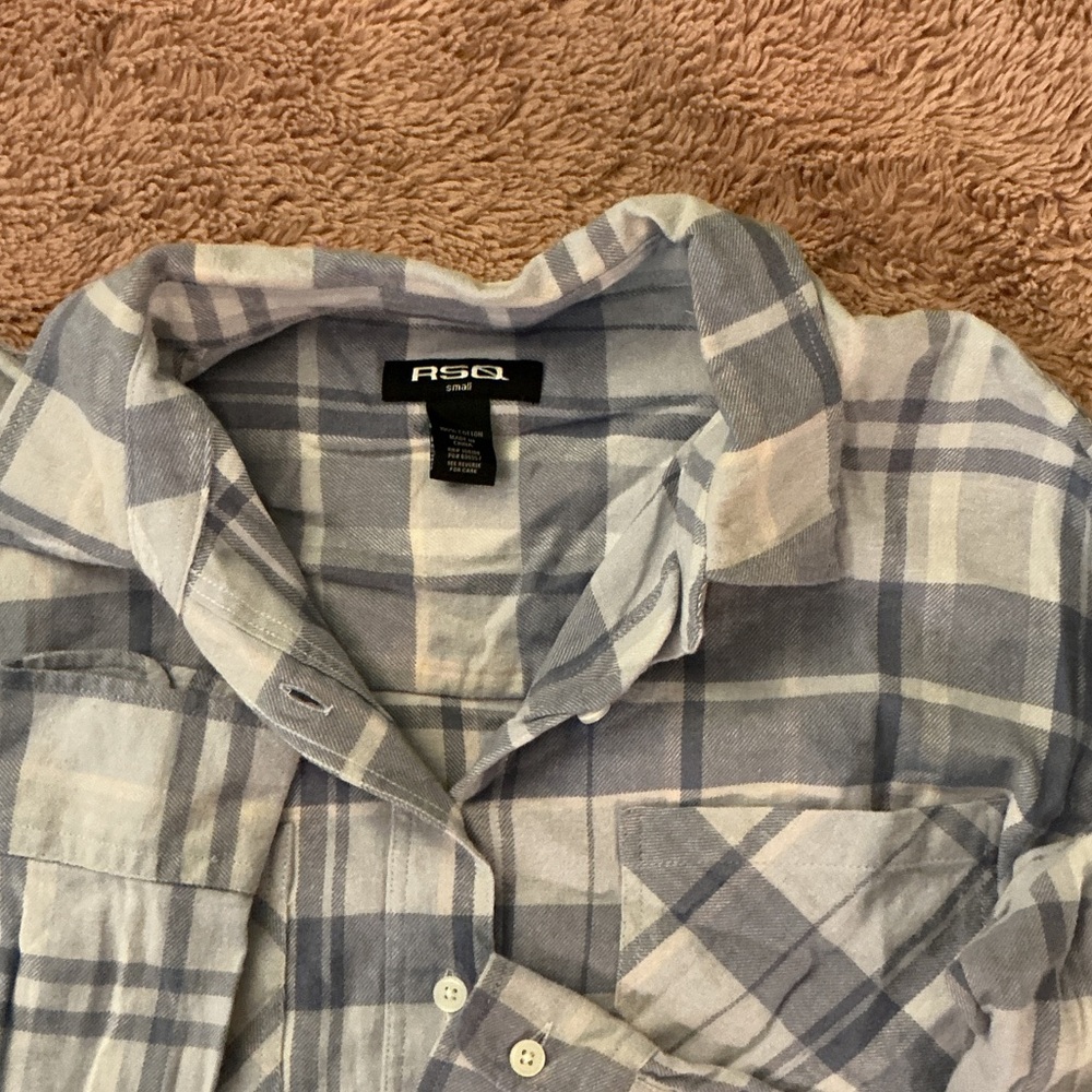 RSQ Light Blue and White Cropped Plaid Shirt Sz. S